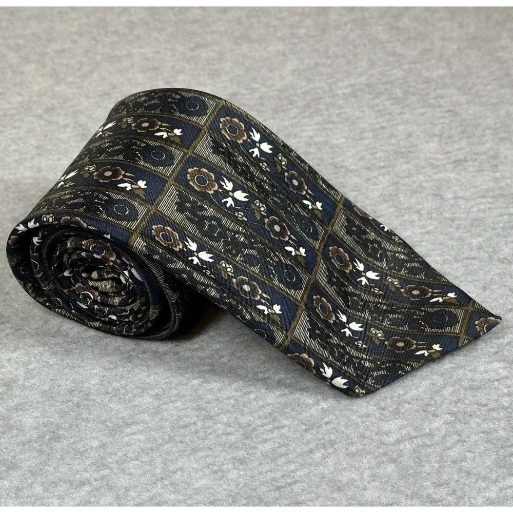Adolfo XL Vintage Tie Geometric Floral Blue Brown Polyester 64x3.75in